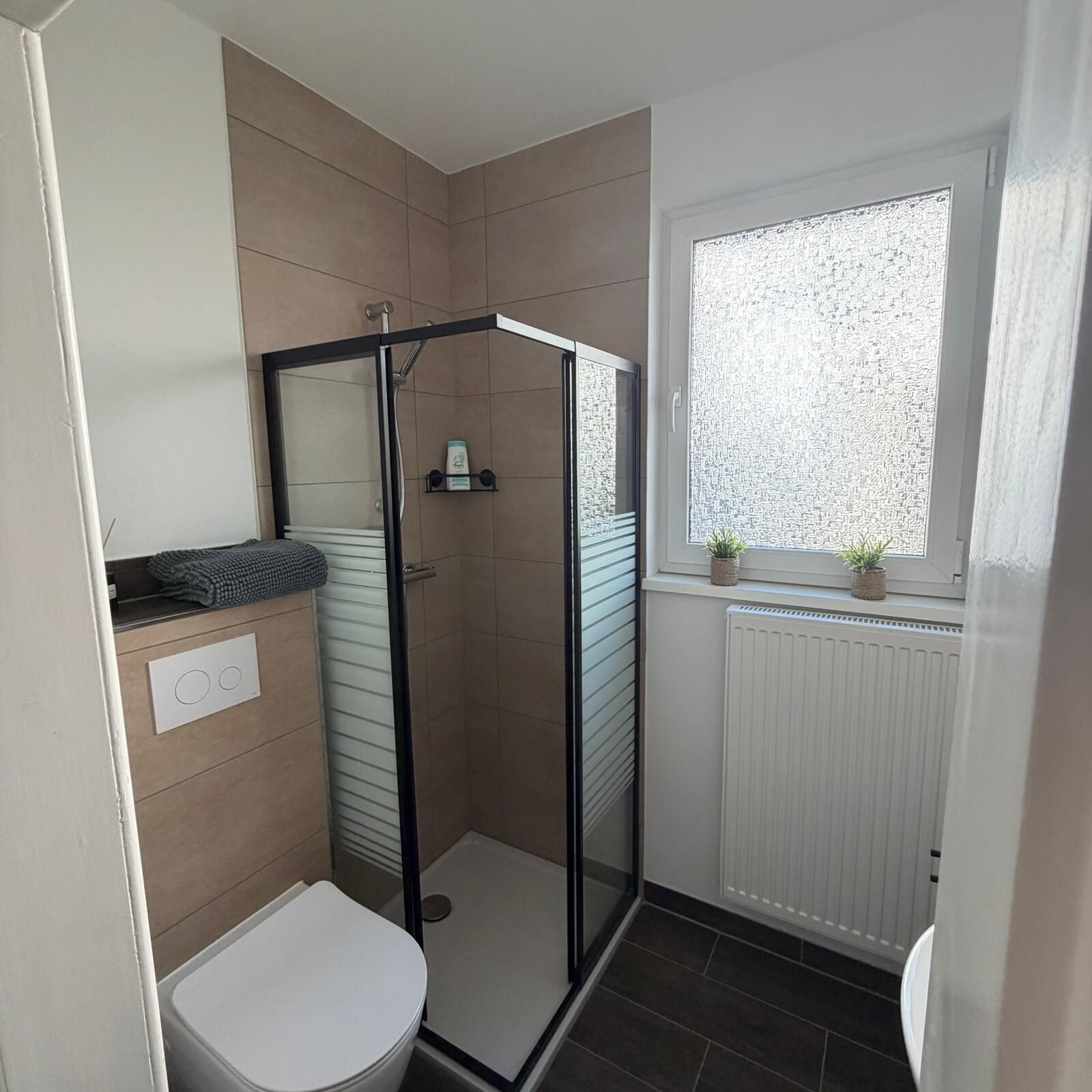 Dusche, Haartrockner, Handtücher, Seife