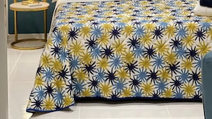 Een slaapkamer met een bed, hoofdbord, een wandspiegel, een bedlampje en een bedsprei met een patroon.