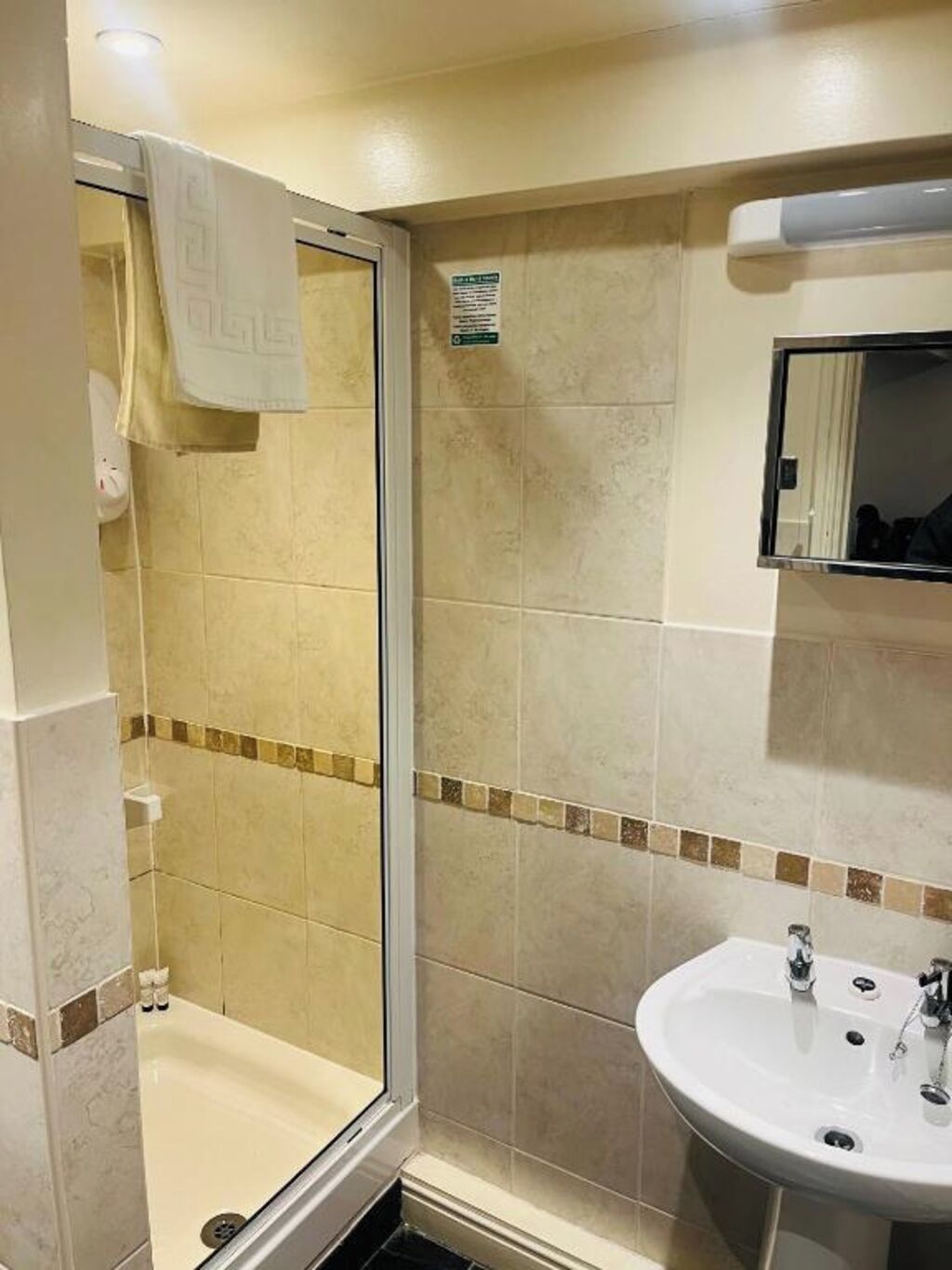 A bathroom with a shower, a sink, and a mirror.