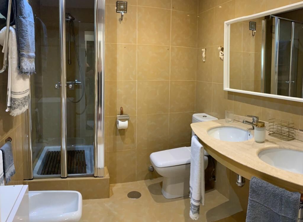 Hair dryer, bidet, towels, toilet paper