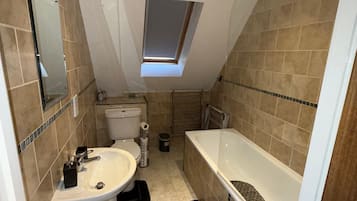 Shower, hair dryer, towels, toilet paper