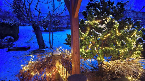 A snow-covered garden with a wooden pergola, a snow-covered tree, and string lights. - Oasis on the edge of the Black Forest m. Courtyard, garden, terrace and lots of play equipment (Malsch)