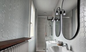 Shower, towels, toilet paper