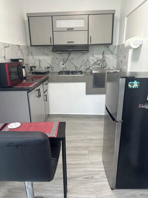 A compact kitchen with a gas stove, microwave, sink, and a refrigerator.