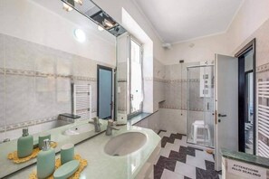 Shower, hair dryer, bidet, towels