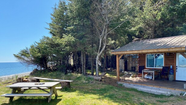 Een houten hut met terras, een tafel en een stoel, met uitzicht op een strand en omringd door bomen.