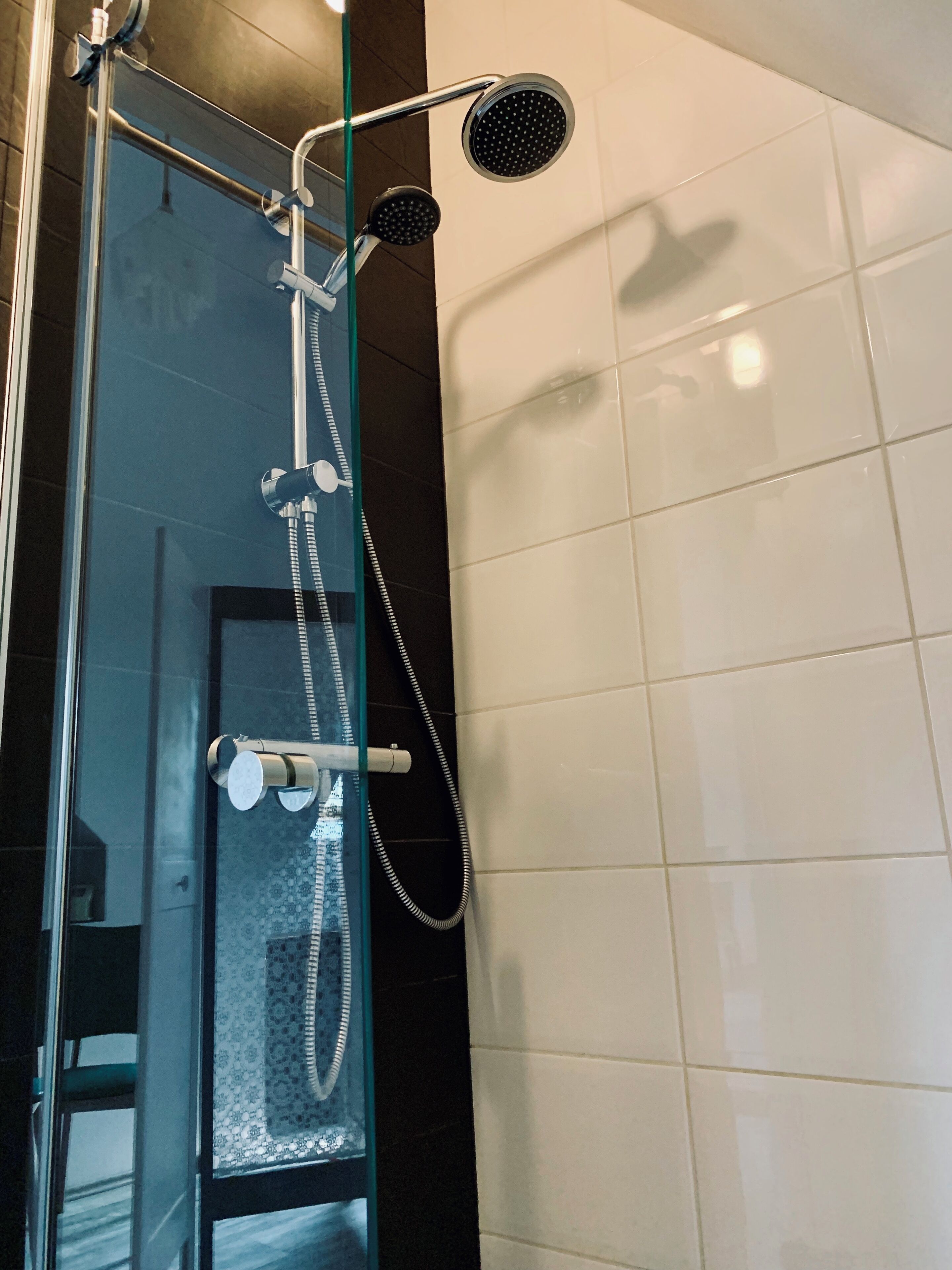 Eine Duschkabine mit Glas, ausgestattet mit einer Handbrause und einem fest installierten Duschkopf, einem Handbrausenschlauch und einer Glastür mit Musterdesign.