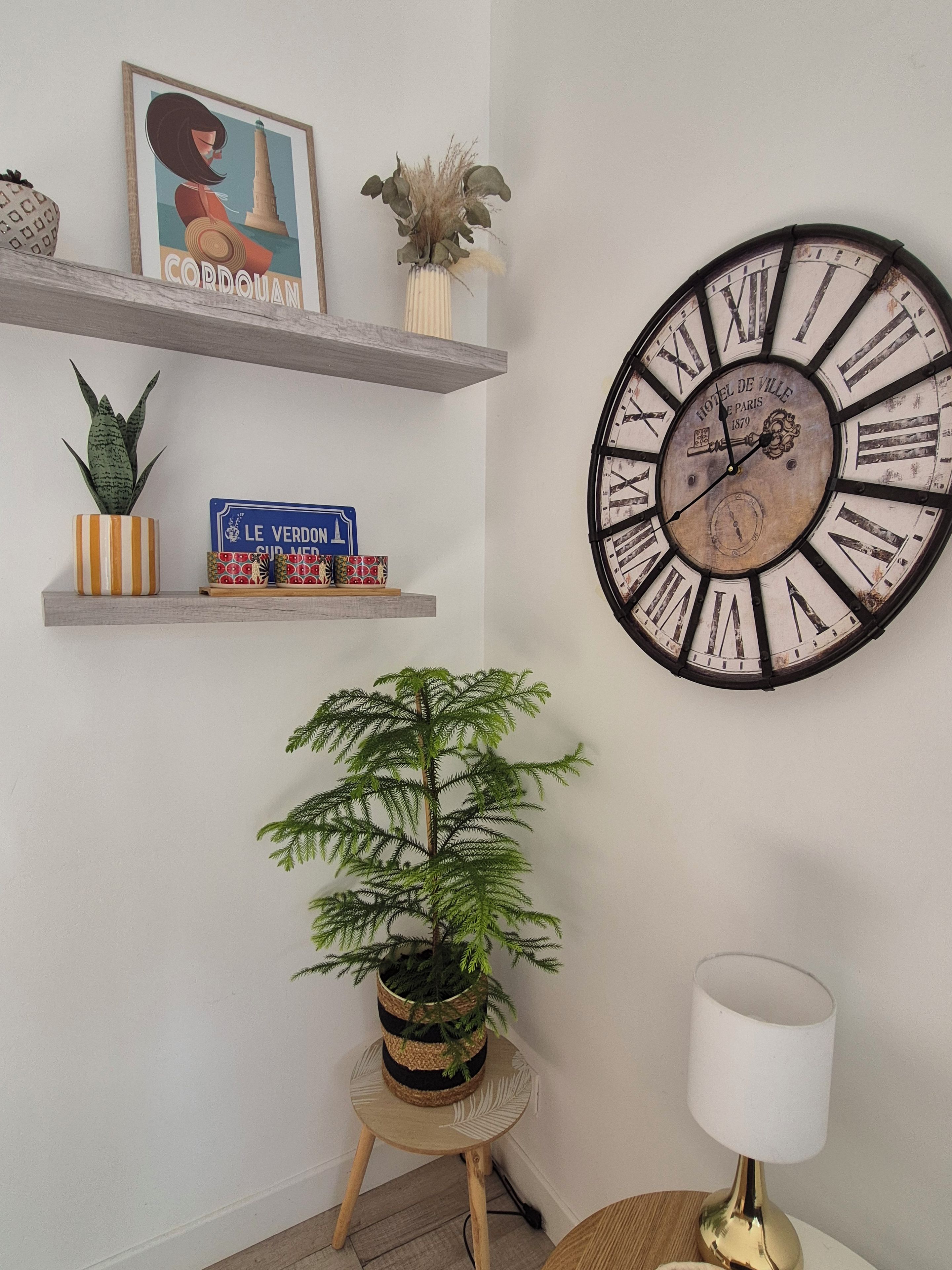 Um relógio de parede com números romanos e design antigo, um quadro com um farol e uma pequena planta em vaso sobre uma estante.