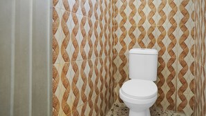 A bathroom with a patterned tile wall and a white toilet. - Hotel O Roda Inn (Padang)