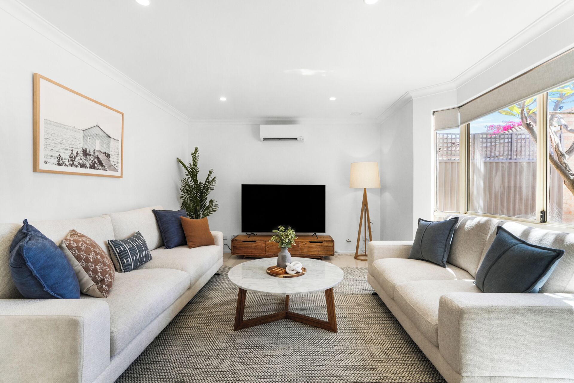 Cozy lounge filled with natural light and modern touches
