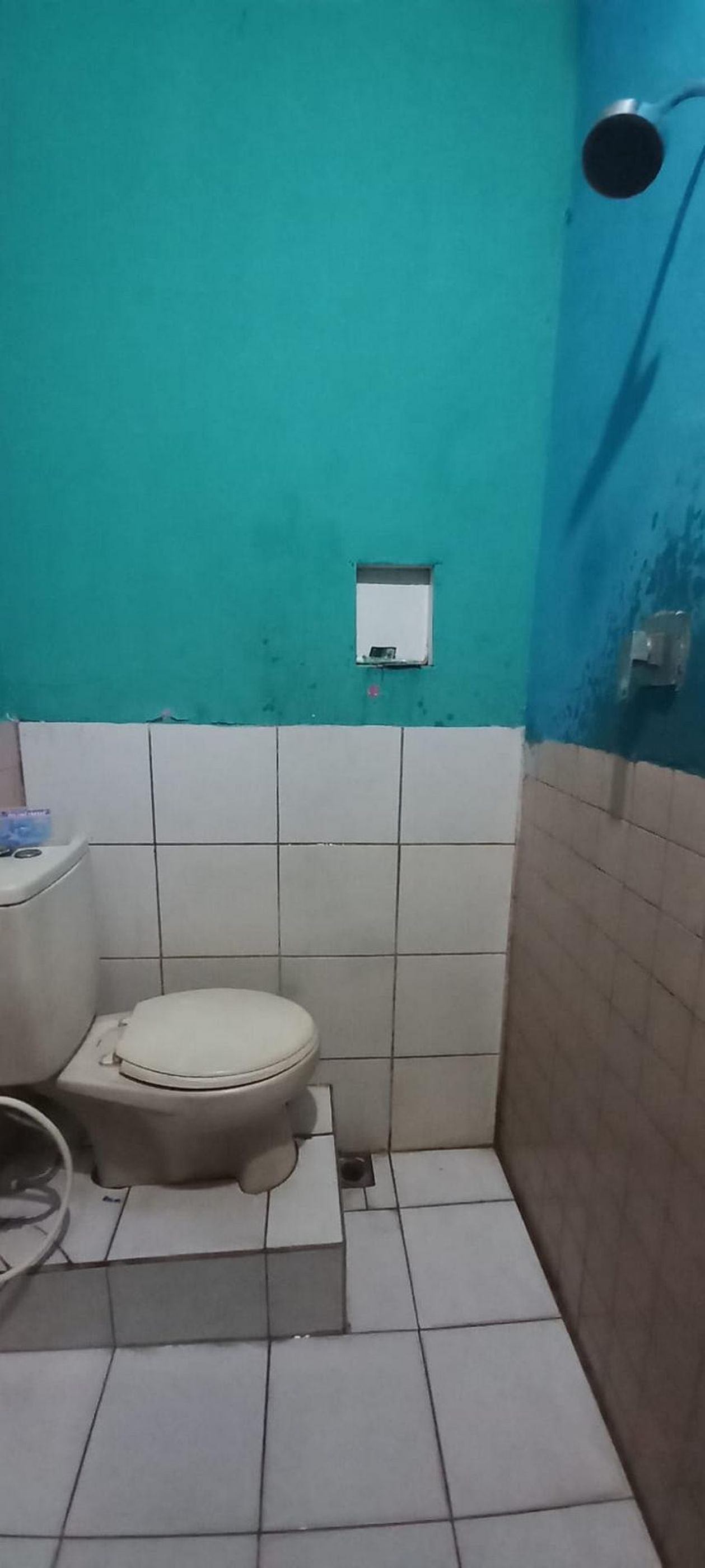 Un baño pequeño con inodoro, lavabo y zona de ducha.