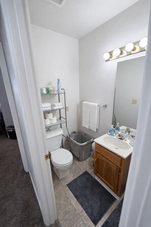 Een douche, een haardroger, een bidet, handdoeken