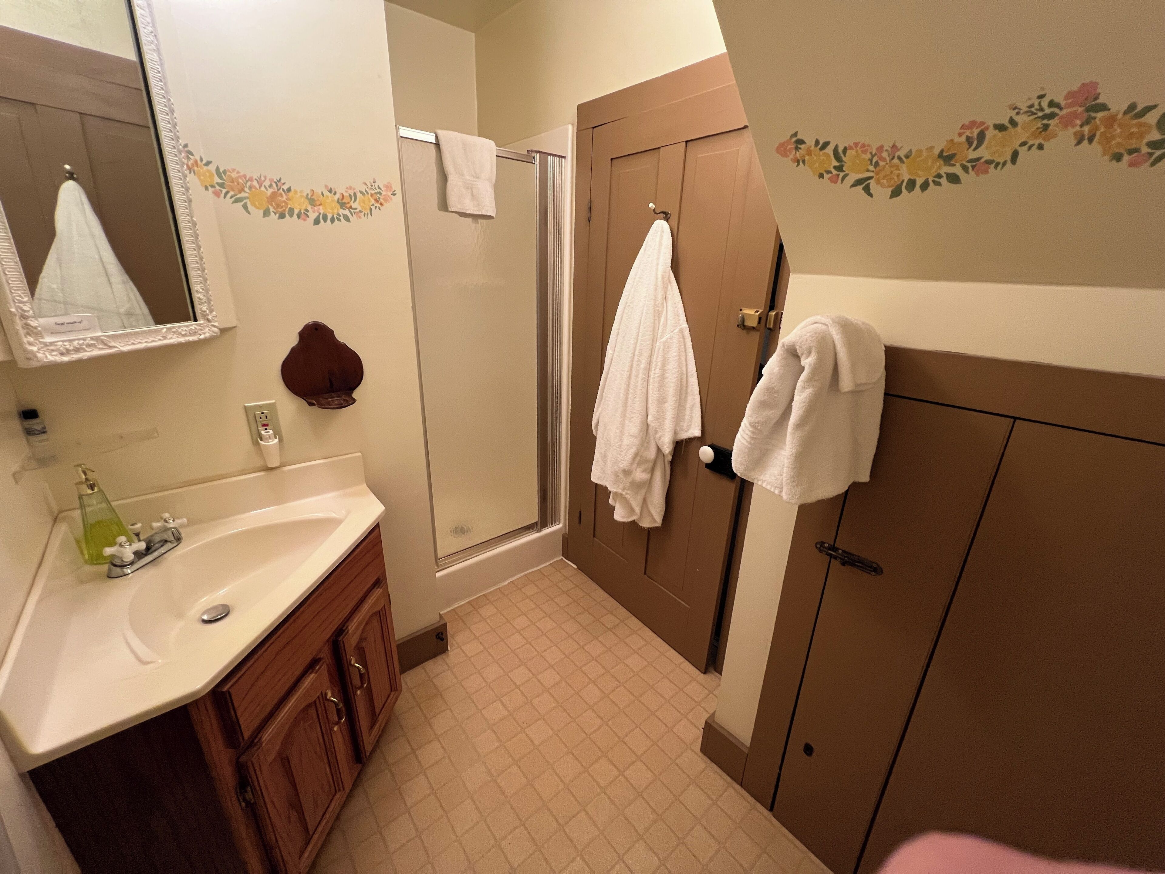 Shower, towels, soap, toilet paper