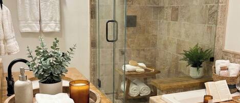 Hair dryer, towels, soap, toilet paper