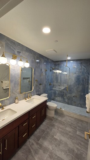 Regadera, secadora de cabello, toallas, jabón 