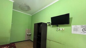 A small room with green walls, a toilet, a television mounted on the wall, and a power outlet.