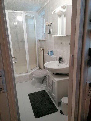 Dusche, Haartrockner, Handtücher, Seife