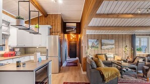 A modern kitchen with white cabinets, a stainless steel refrigerator, and hanging plants. - Trysil Ski-in/out | 6 BR | Sauna (Trysil)