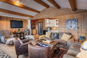 Televisión, chimenea, estéreo y oficina 