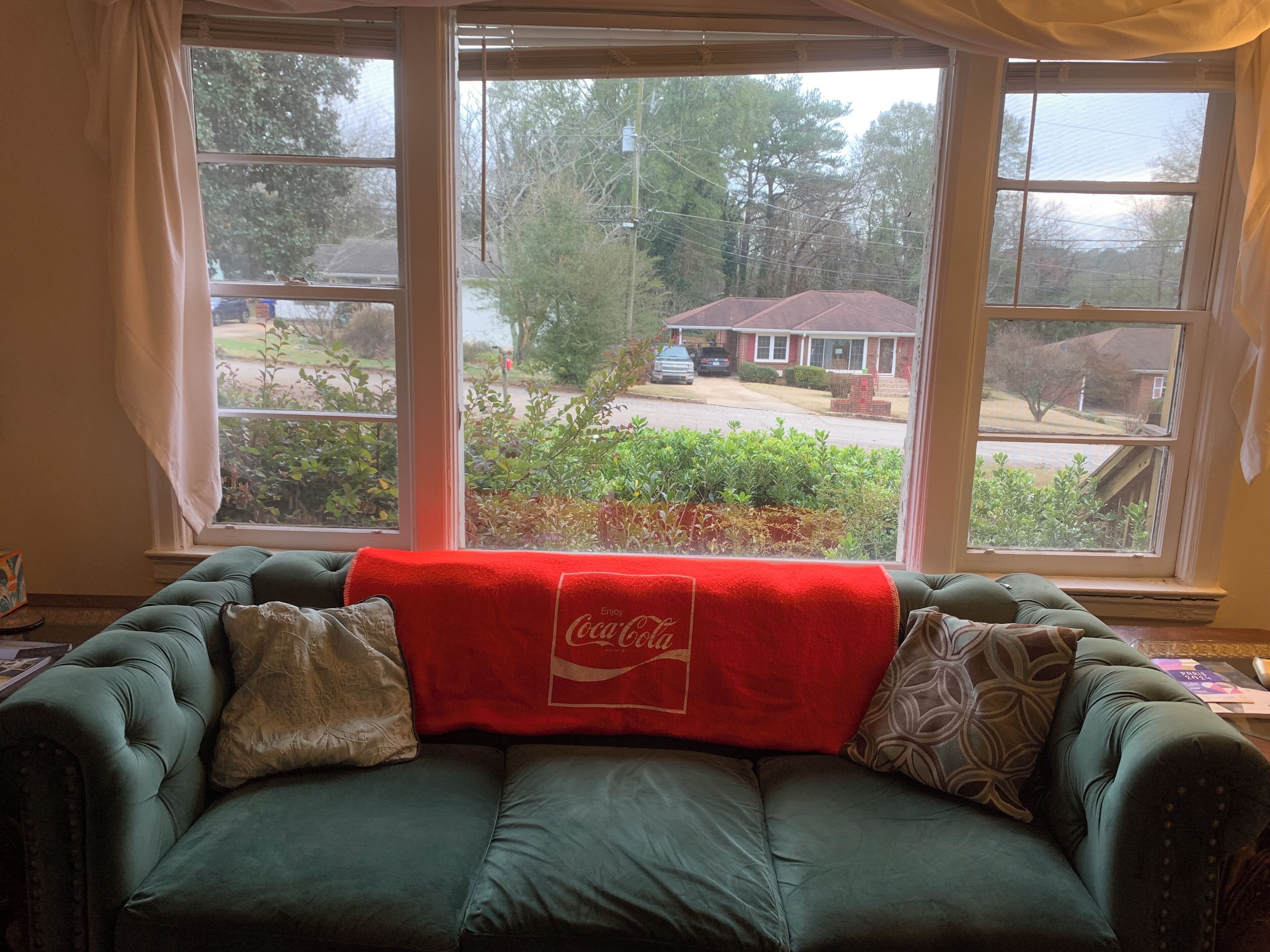 A green sofa with a red blanket in front of a window with a view of a residential street.
