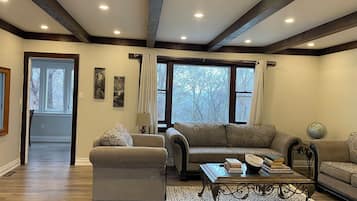 Smart TV, fireplace, books