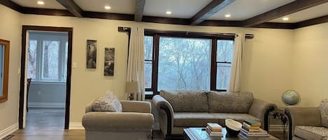 Smart TV, fireplace, books