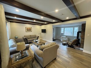 Smart TV, fireplace, books
