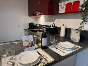 Fridge, oven, stovetop, dishwasher - Studio apartment with pellet stove in the city center (Hallenberg)