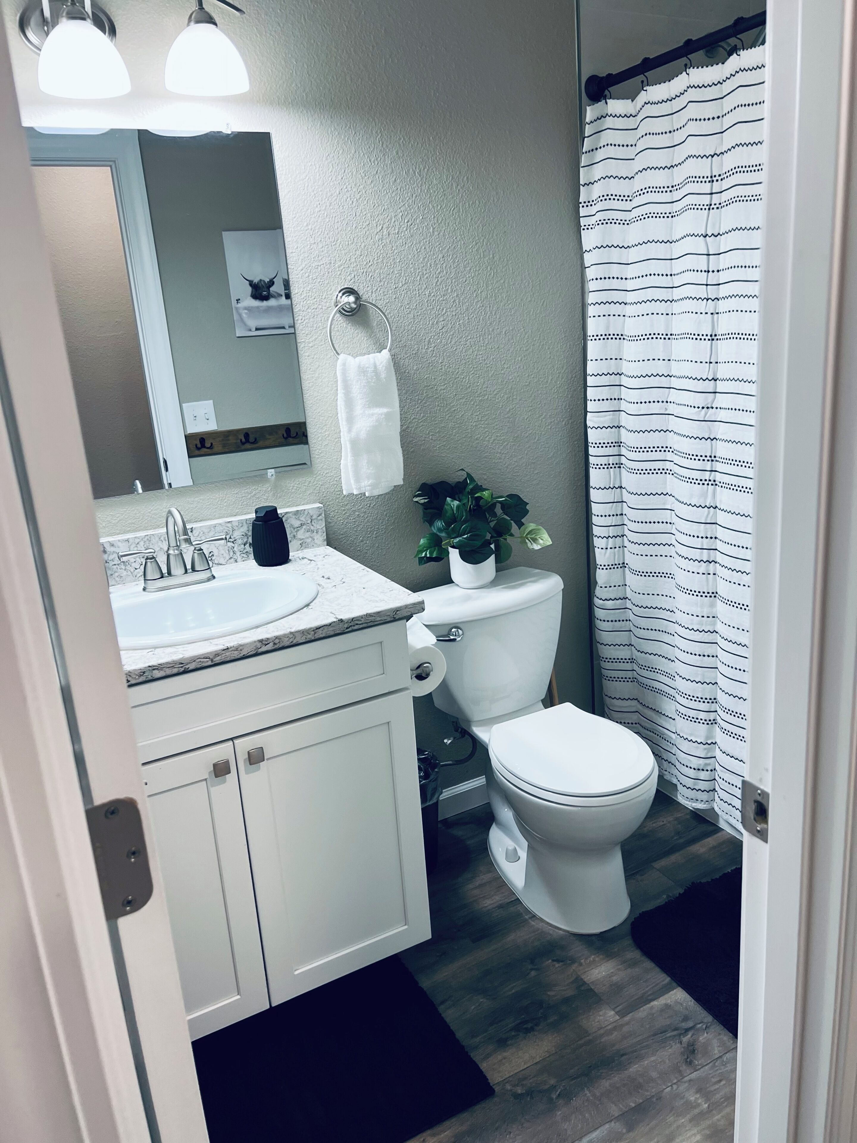 A bathroom with a sink, toilet, and shower curtain.