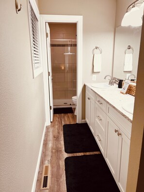 Chuveiro, secador de cabelo, toalhas de banho, sabonete