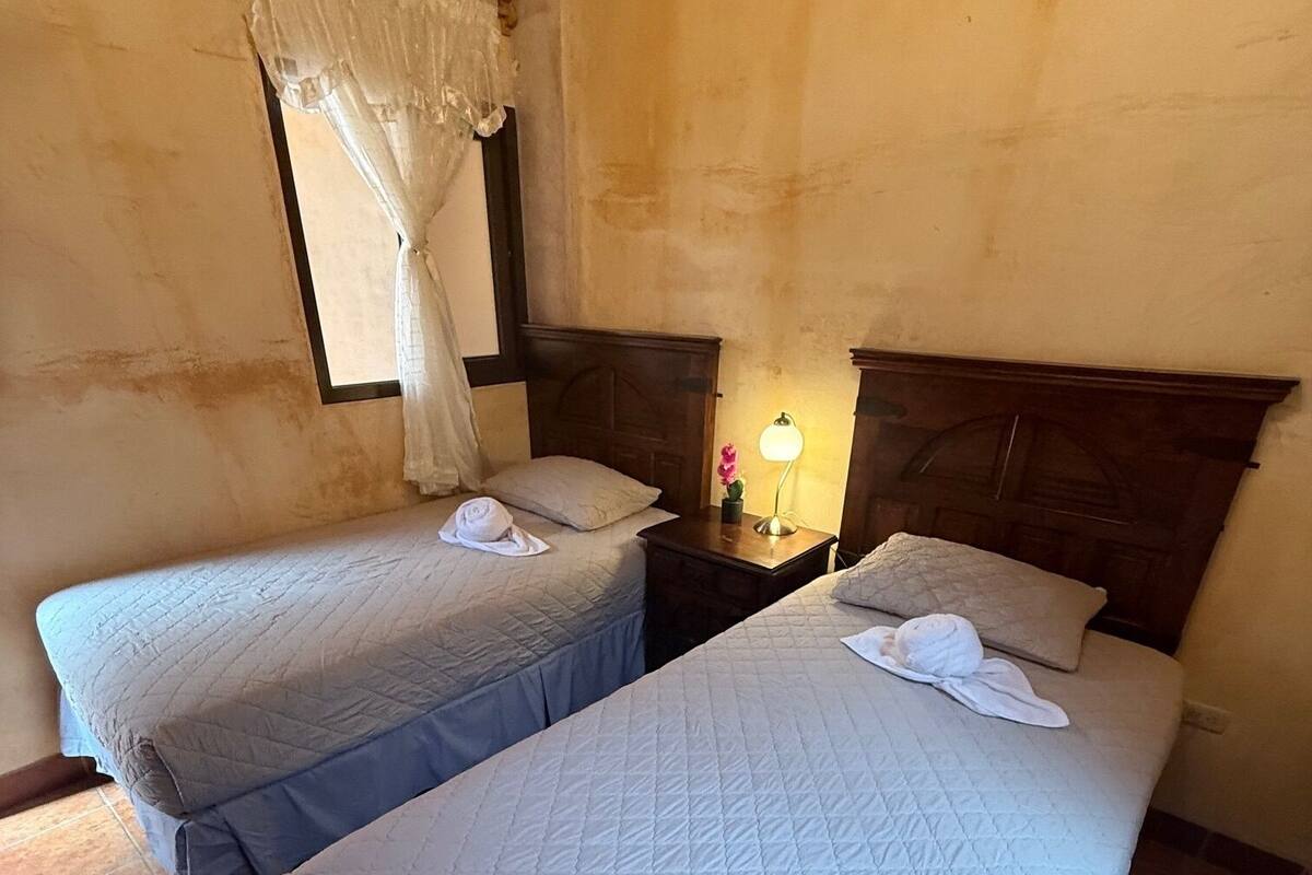 Deux lits simples avec des têtes de lit en bois, une petite table de chevet avec une lampe et une fenêtre avec un rideau blanc.