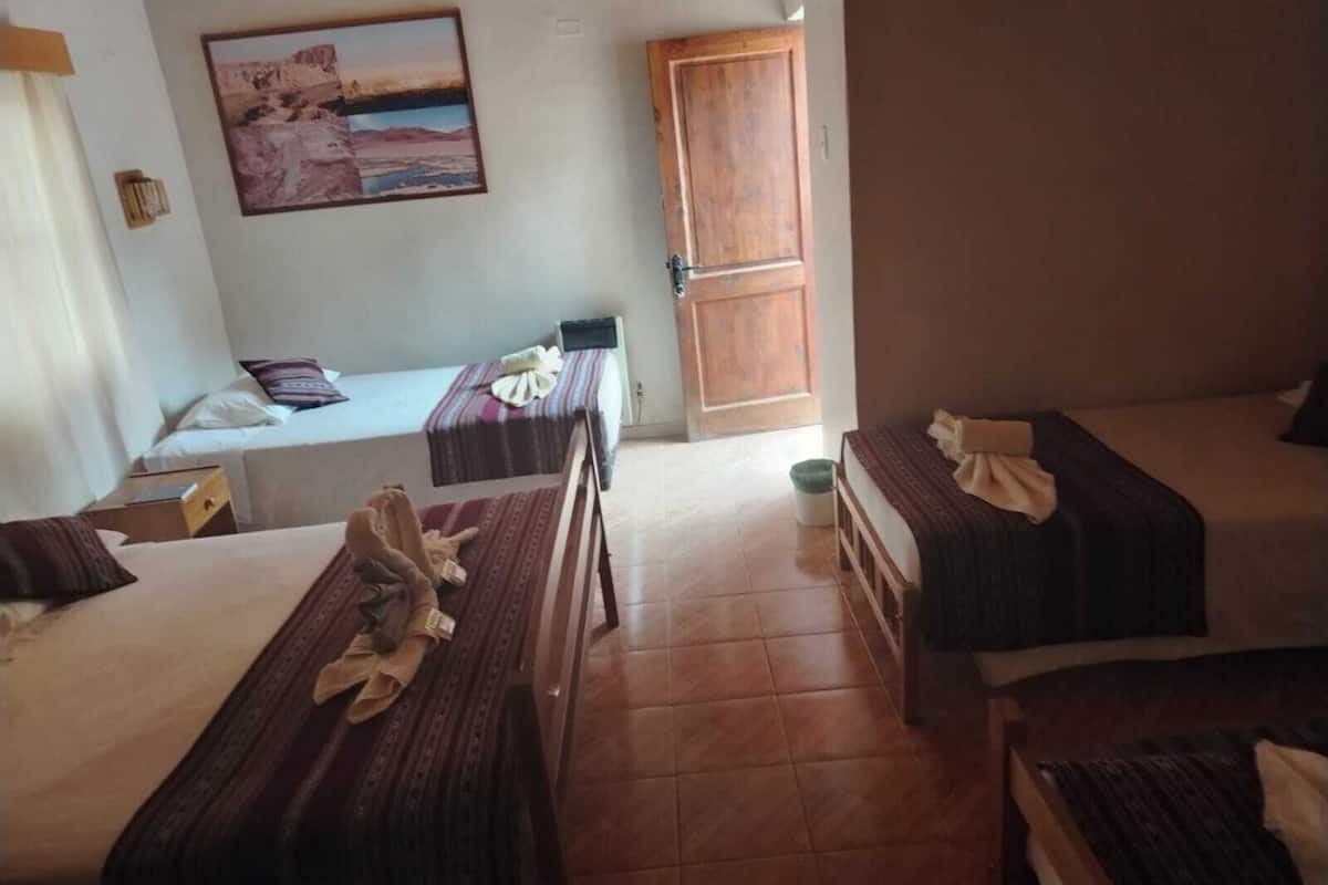 A room with two beds, a desk, a chair, a painting on the wall, and a wooden door.
