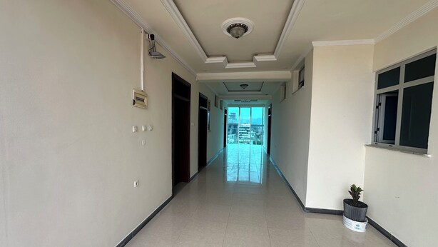 A hotel corridor with a view to the outside, a security camera, and a potted plant. - Safe Land Guest House  (Mek'ele)