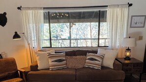 Una sala de estar acogedora con un sofá marrón, una mesa de centro de madera y un amplio ventanal con cortinas.