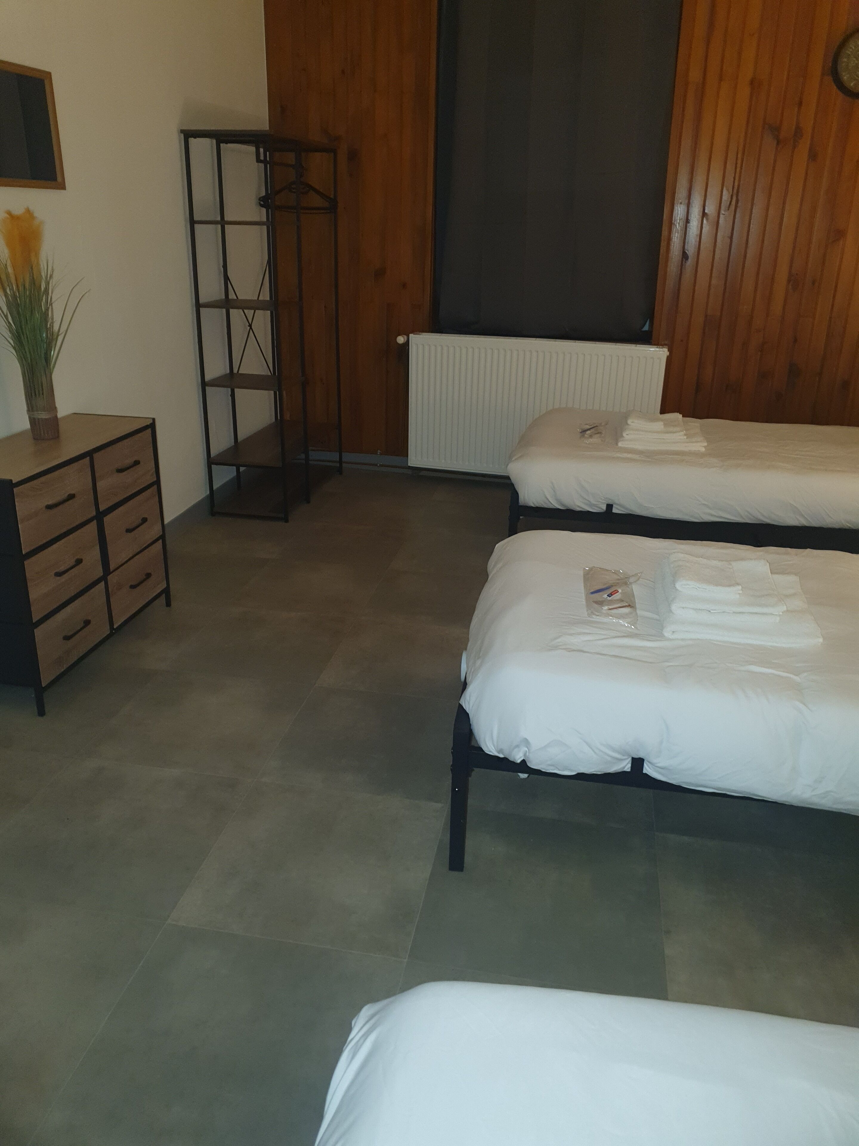 Ett hotellrum med två sängar, en garderob i trä, ett element och ett litet bord med en växt.