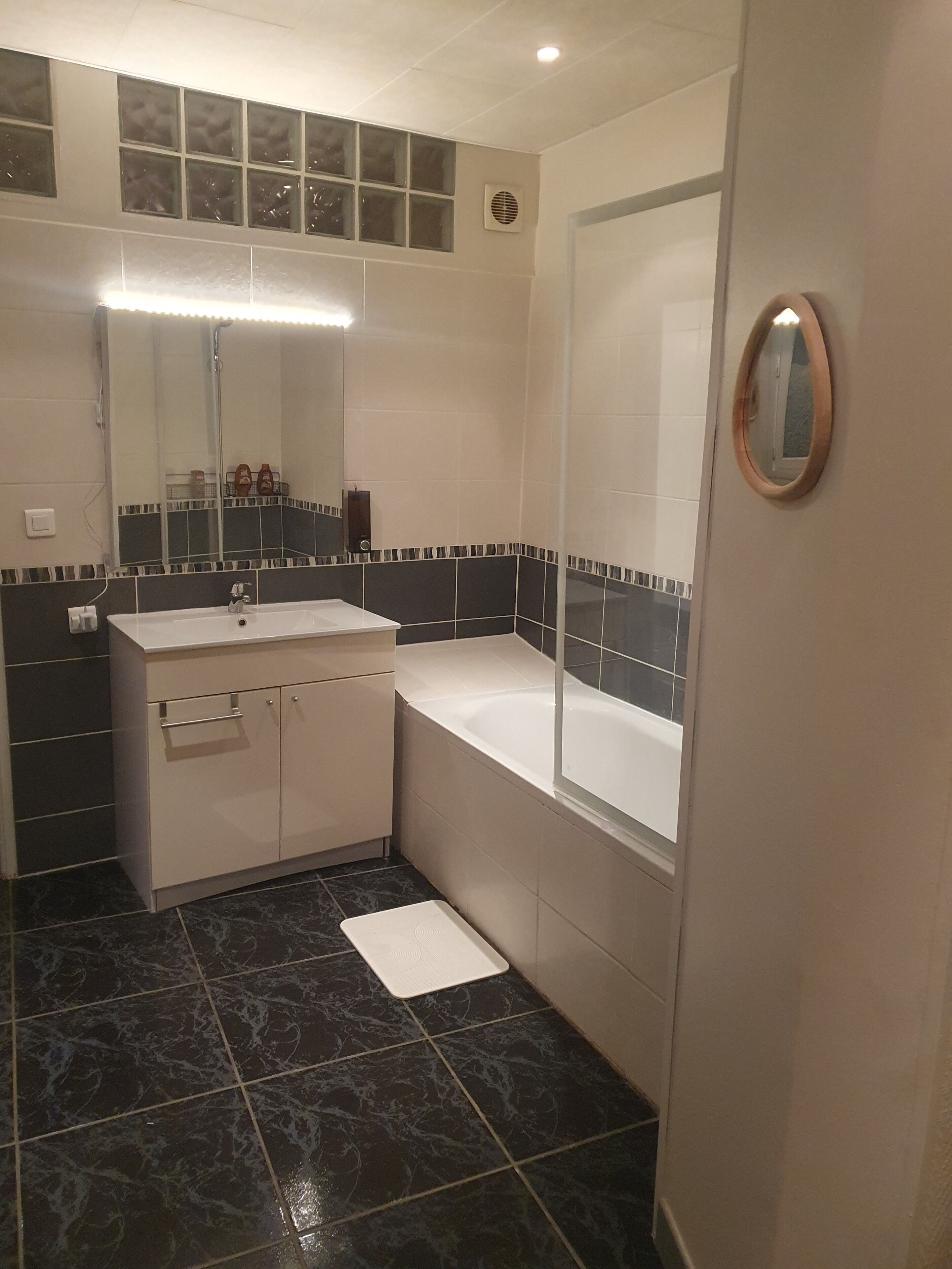 Hair dryer, towels, soap, toilet paper