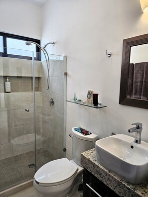 Shower, hair dryer, towels, soap