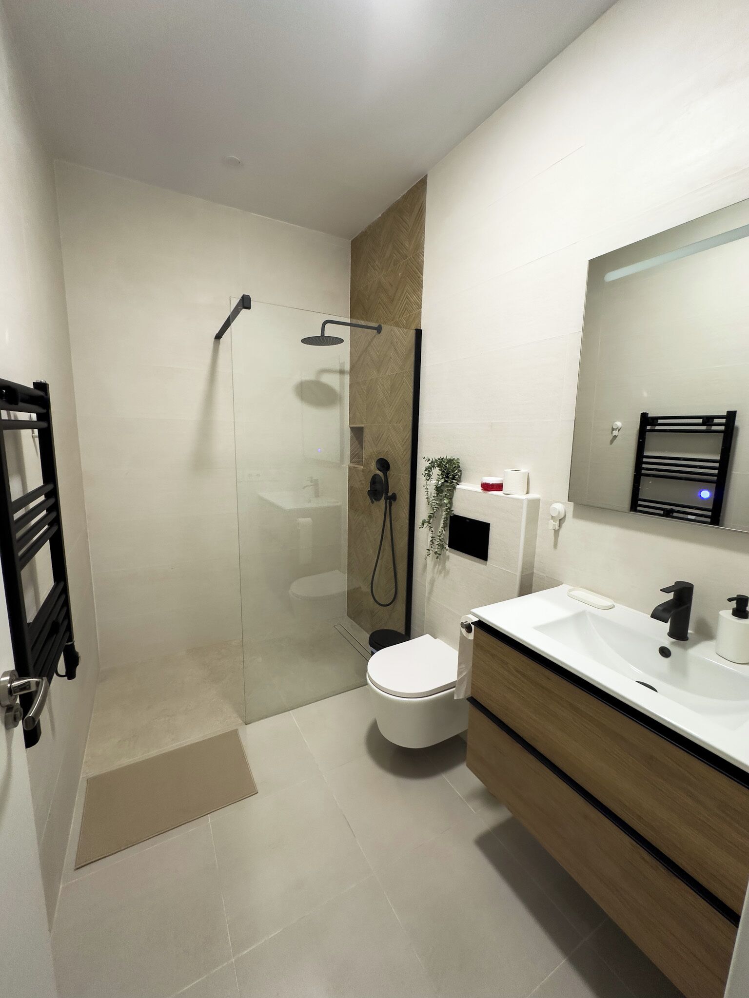 Shower, towels, soap, toilet paper