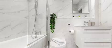 Hair dryer, towels, soap, toilet paper