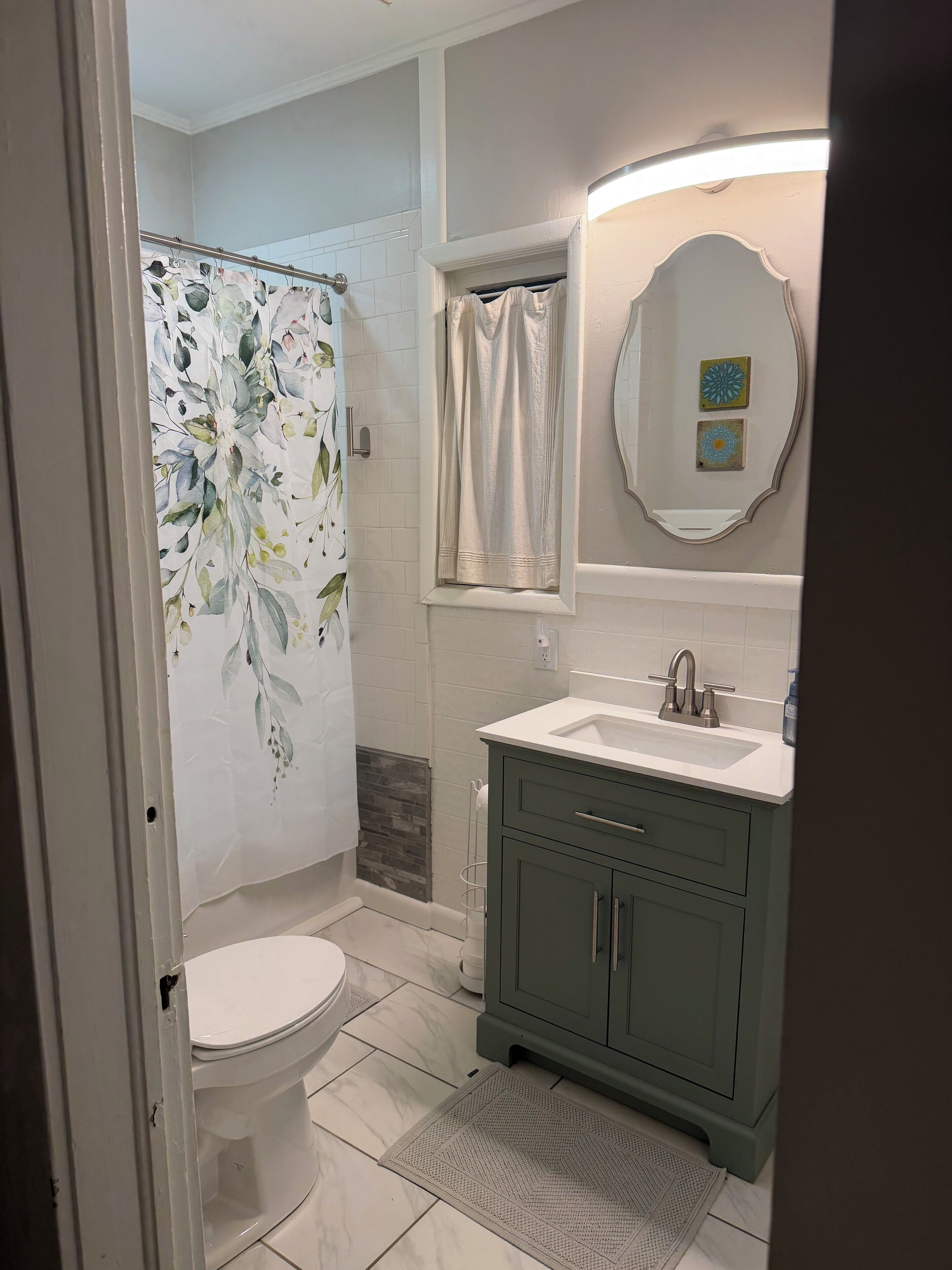 Hair dryer, towels, soap, toilet paper