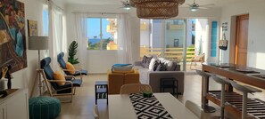Living area - Ocean Front Breezy Walk to Beach 3-bed condo w/ Air Conditioning in Juan Dolio (Juan Dolio)