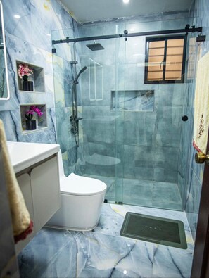 Dusche, Haartrockner, Handtücher, Seife