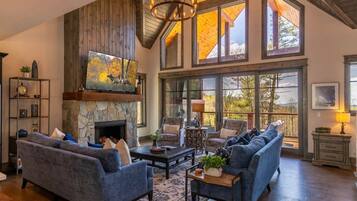 Smart TV, fireplace, books