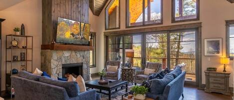 Smart TV, chimenea y libros