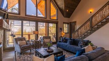 Smart TV, fireplace, books