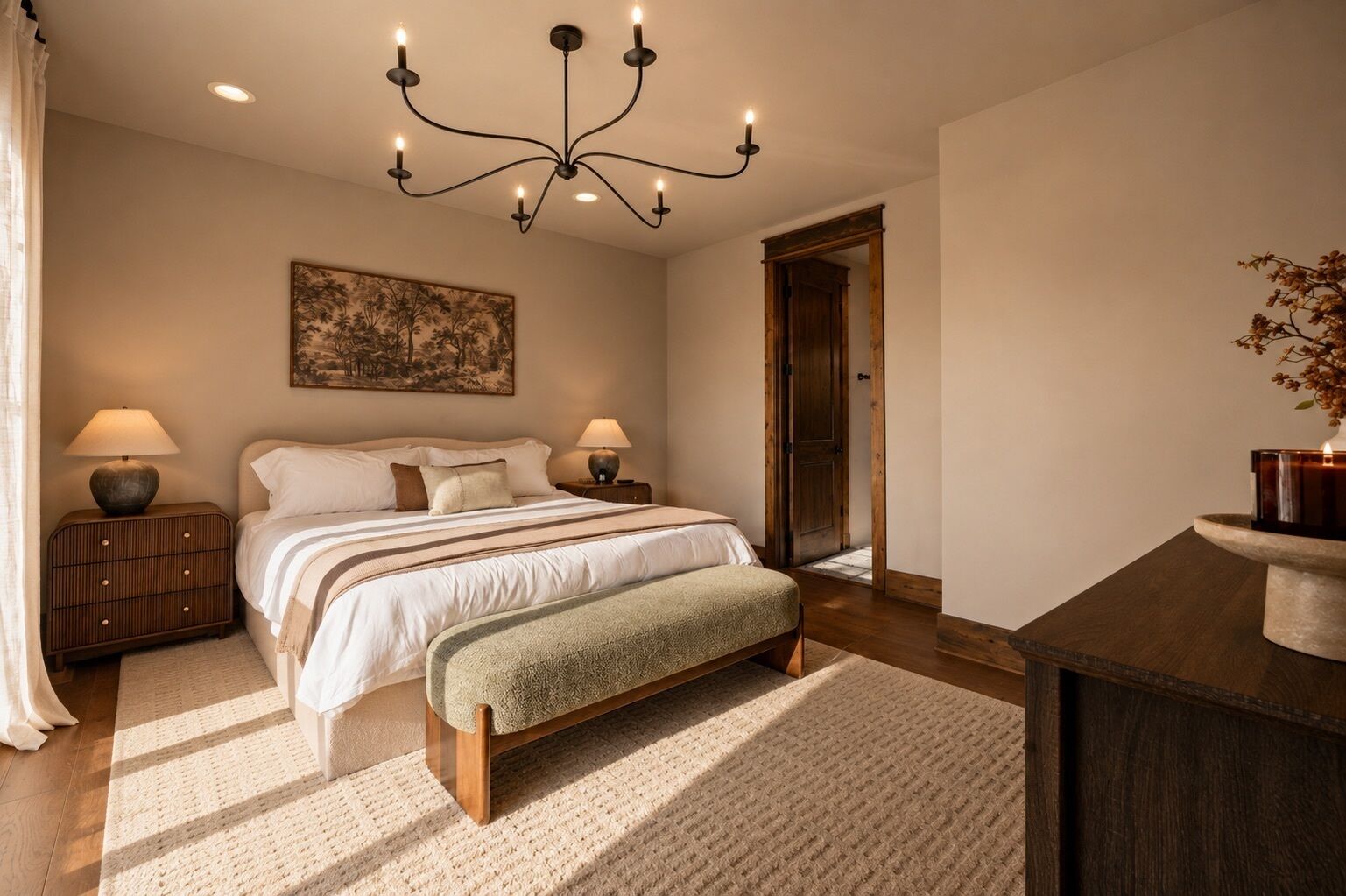 A bedroom with a large bed, bedside lamps, a chandelier, a wooden bench, and a desk with a vase.