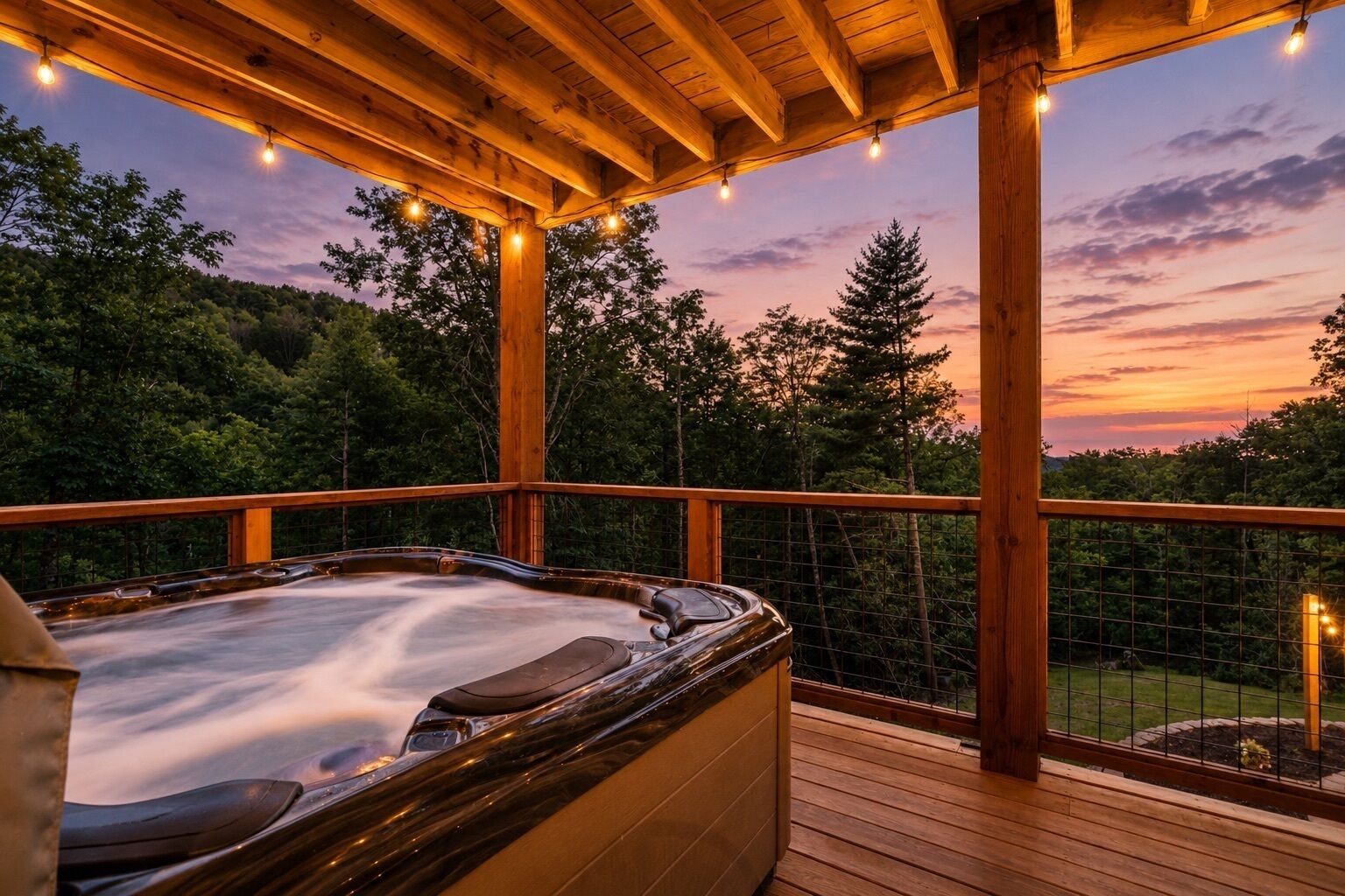 Een hottub op een houten terras met uitzicht op bomen en een zonsondergang.