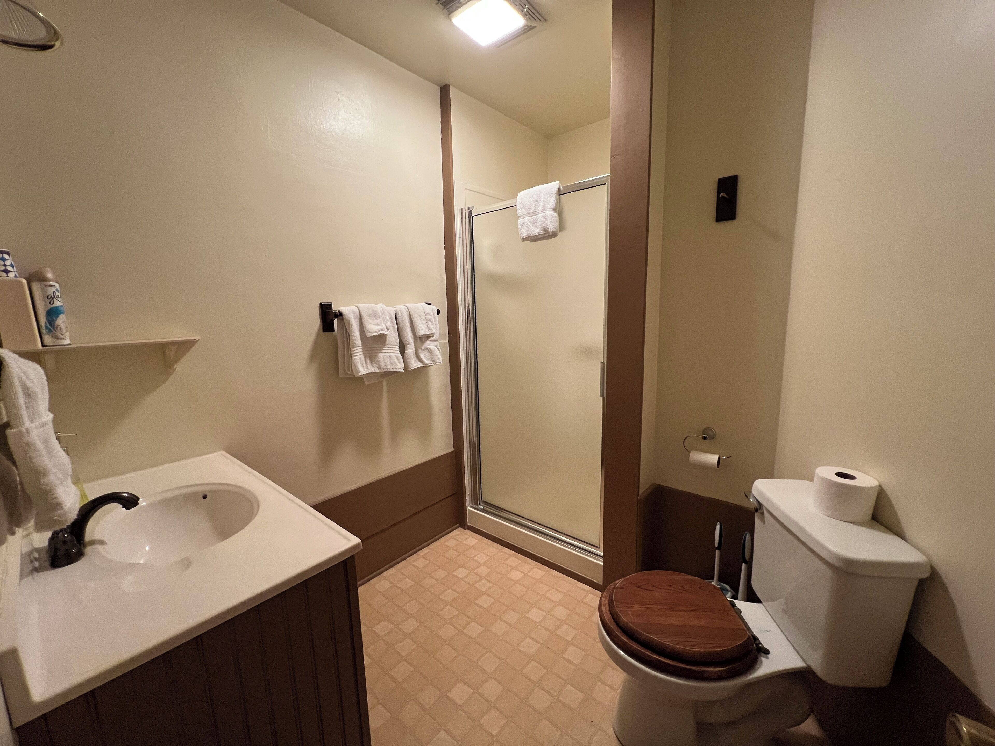 Douche, serviettes fournies, savon, papier toilette