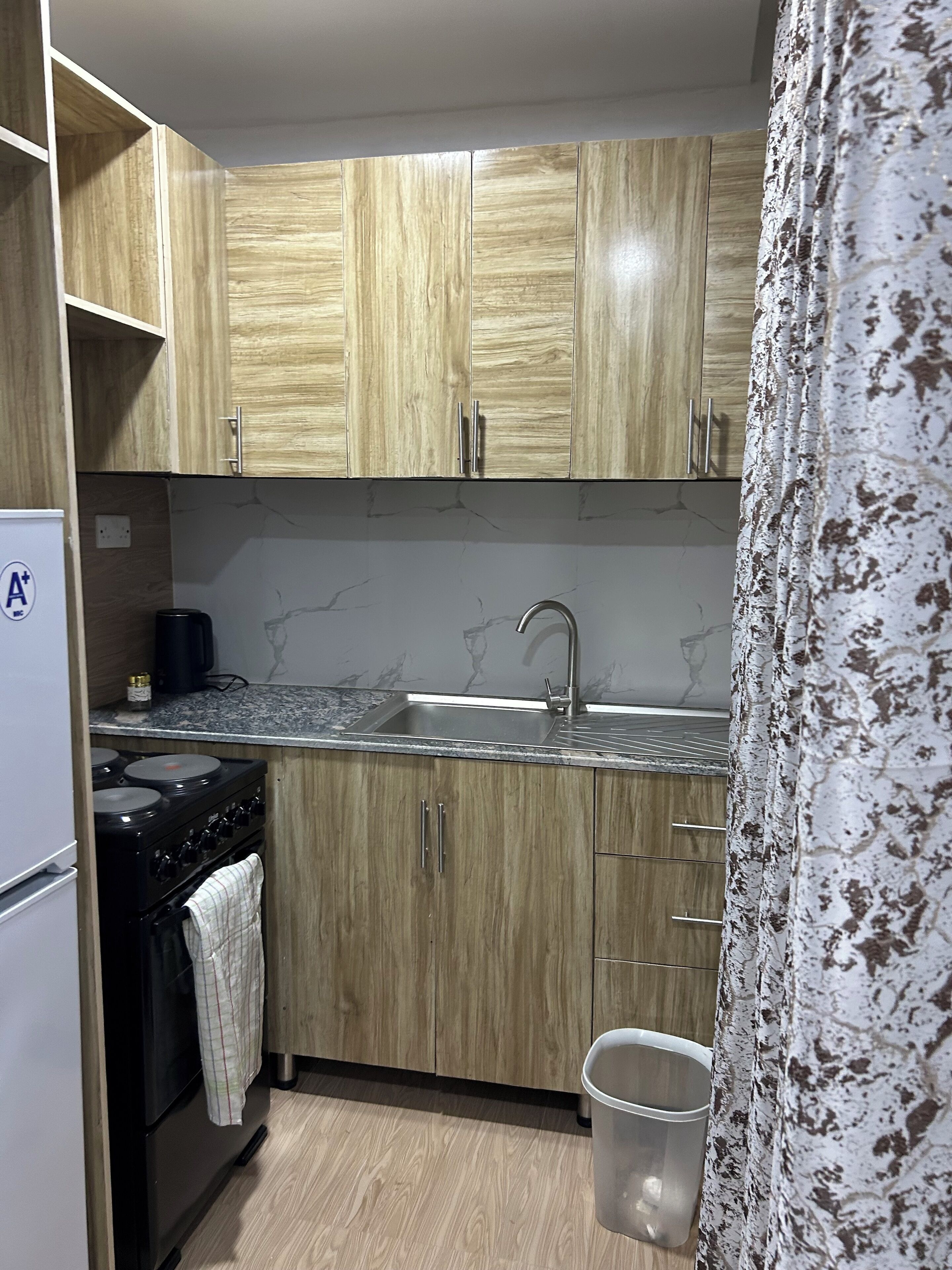 Fridge, microwave, oven, electric kettle