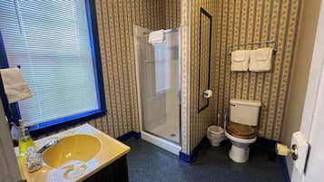 Shower, towels, soap, toilet paper